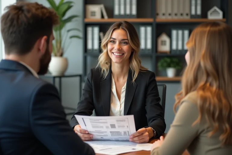 Femme agent immobilier souriante avec clients dans bureau moderne