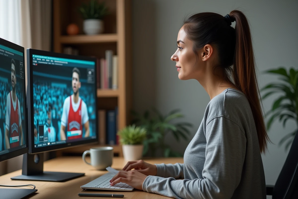 Femme utilisant un ordinateur avec plusieurs alternatives de streaming sportif gratuit ouvertes dans un bureau à domicile