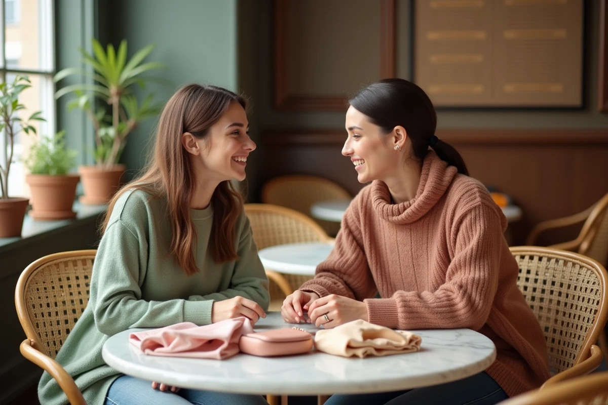 Deux amies discutant de leurs achats mode autour d'un café parisien avec des sacs colorés et des accessoires tendance sur la table