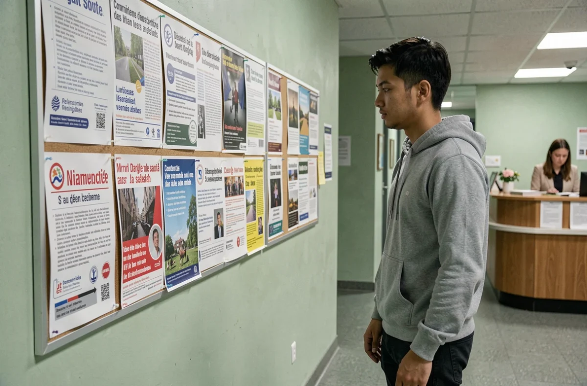 Jeune homme immigrant consultant un tableau d'affichage d'un centre communautaire en France pour trouver des ressources d'intégration