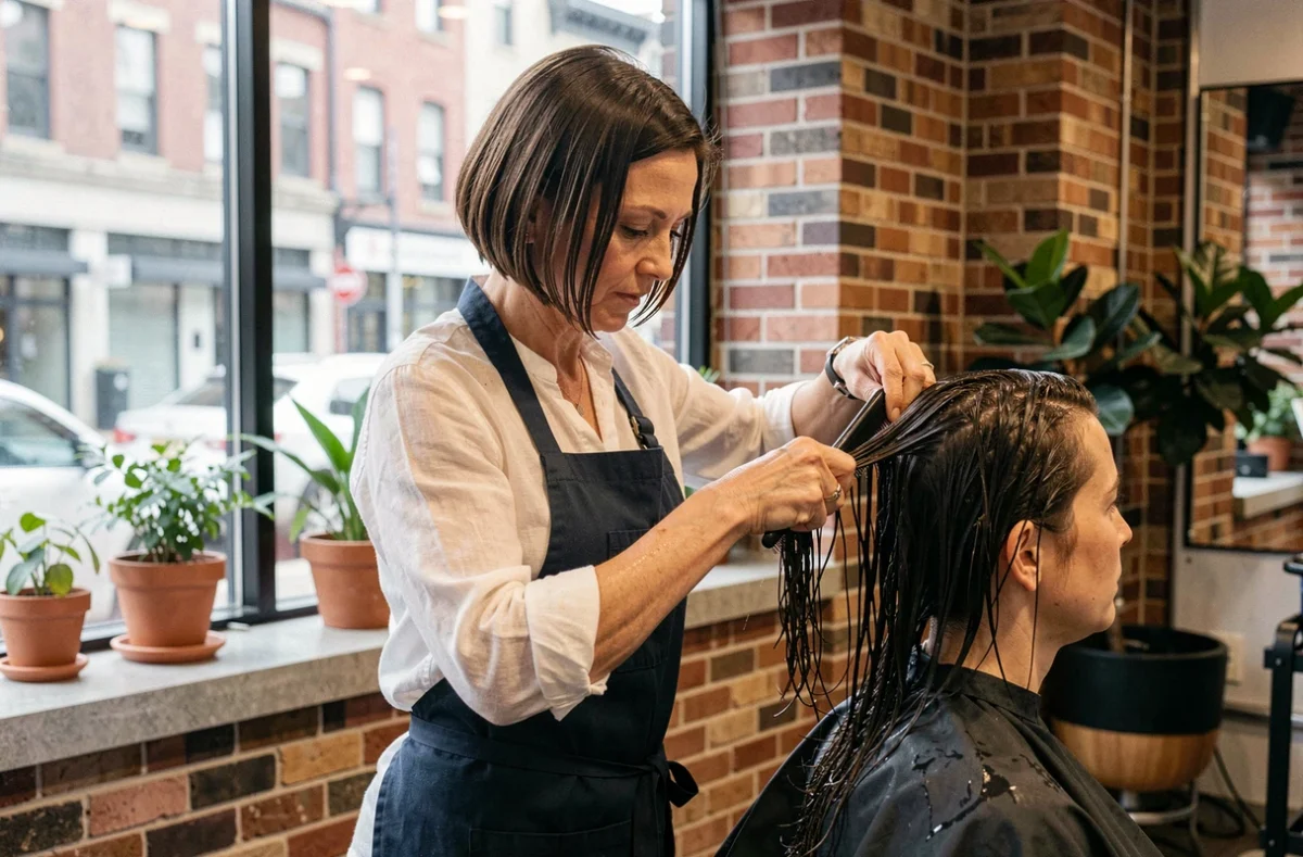Coiffeuse professionnelle analysant la texture des cheveux d'une cliente pour choisir la coupe idéale