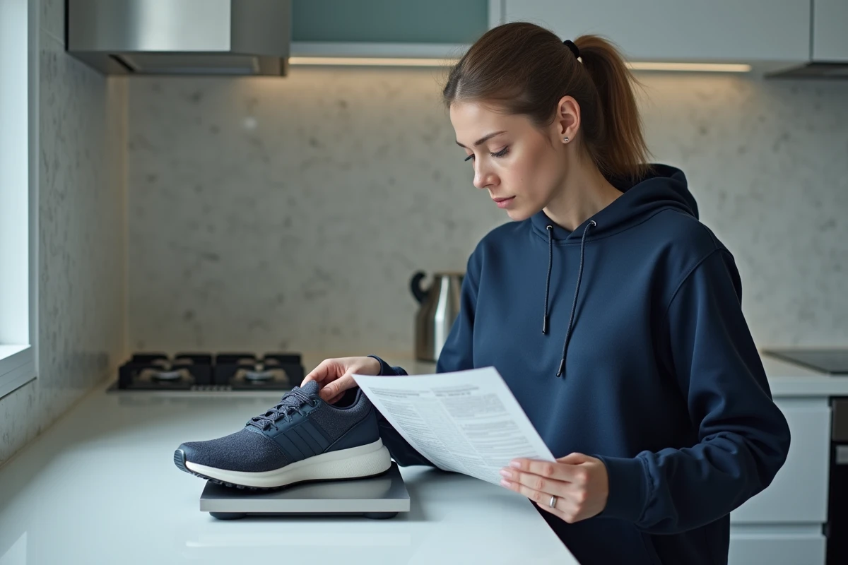 Une femme compare le poids d'une sneaker posée sur une balance numérique avec les spécifications officielles du fabricant imprimées sur une feuille.