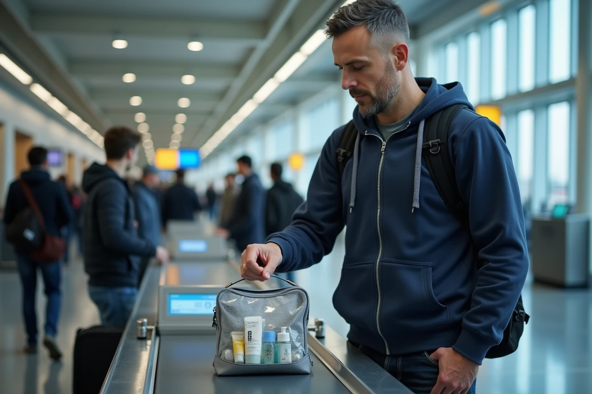 Voyageur déposant un sac de toilettes transparent avec du dentifrice dans un bac de sécurité à l'aéroport