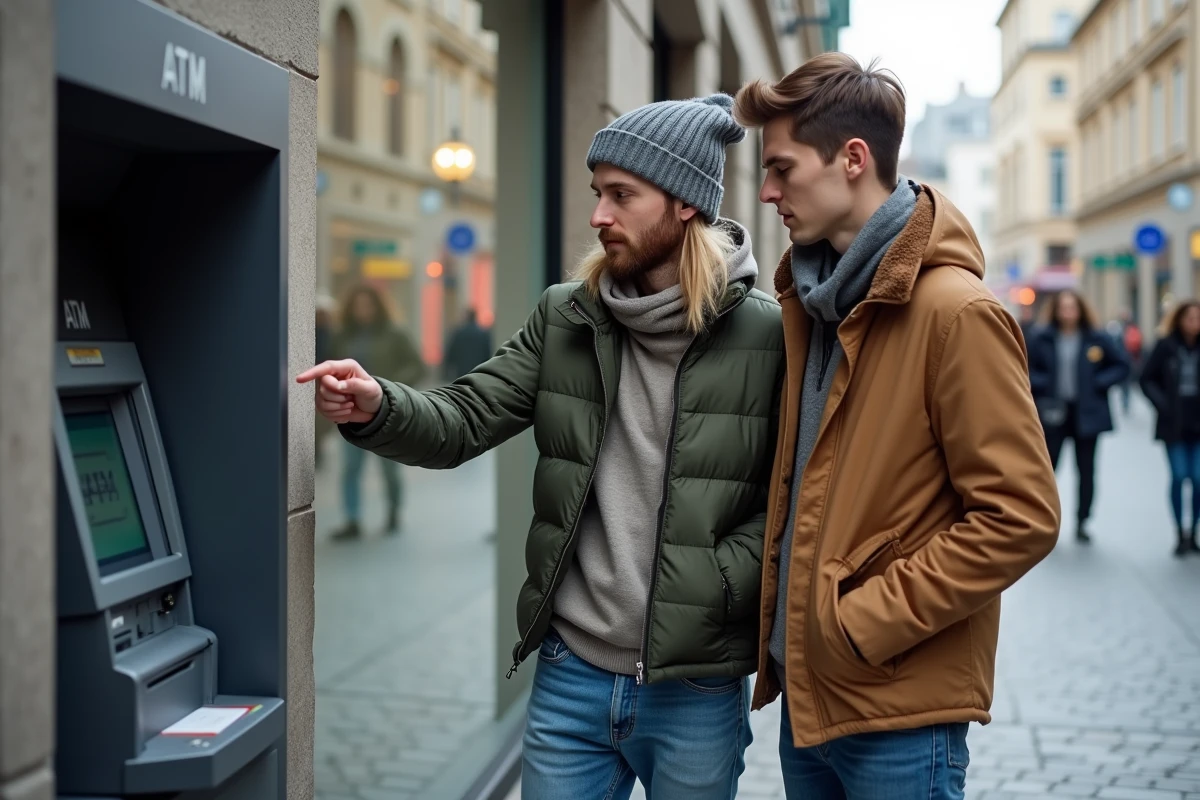 Couple discutant des limites et avantages de N26 devant un distributeur automatique en ville