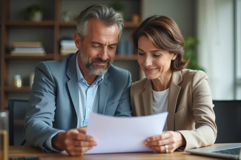 Couple d'adultes en bureau moderne examinant des documents immobiliers