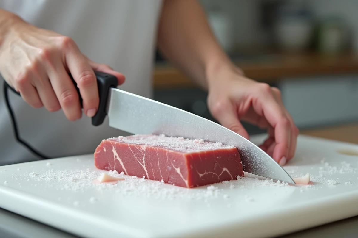 Couteau électrique avec lames micro-dentées utilisé pour trancher de la viande surgelée