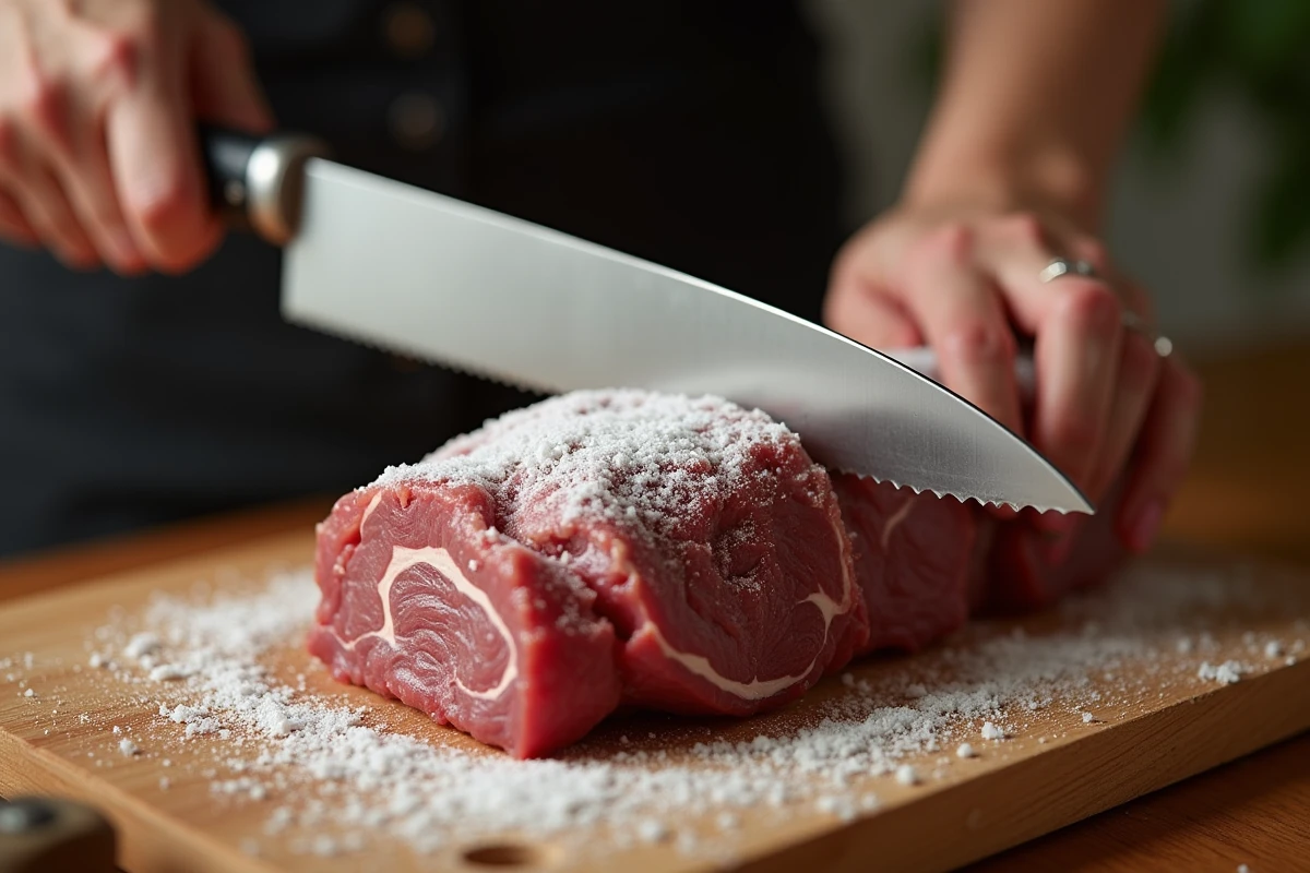 Couteau à pain à longue lame dentelée utilisé pour découper de la viande partiellement congelée