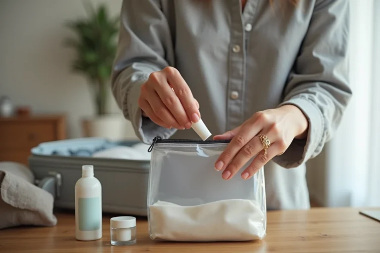 Femme préparant ses bagages cabine avec un tube de dentifrice dans un sac transparent réglementaire pour l'avion
