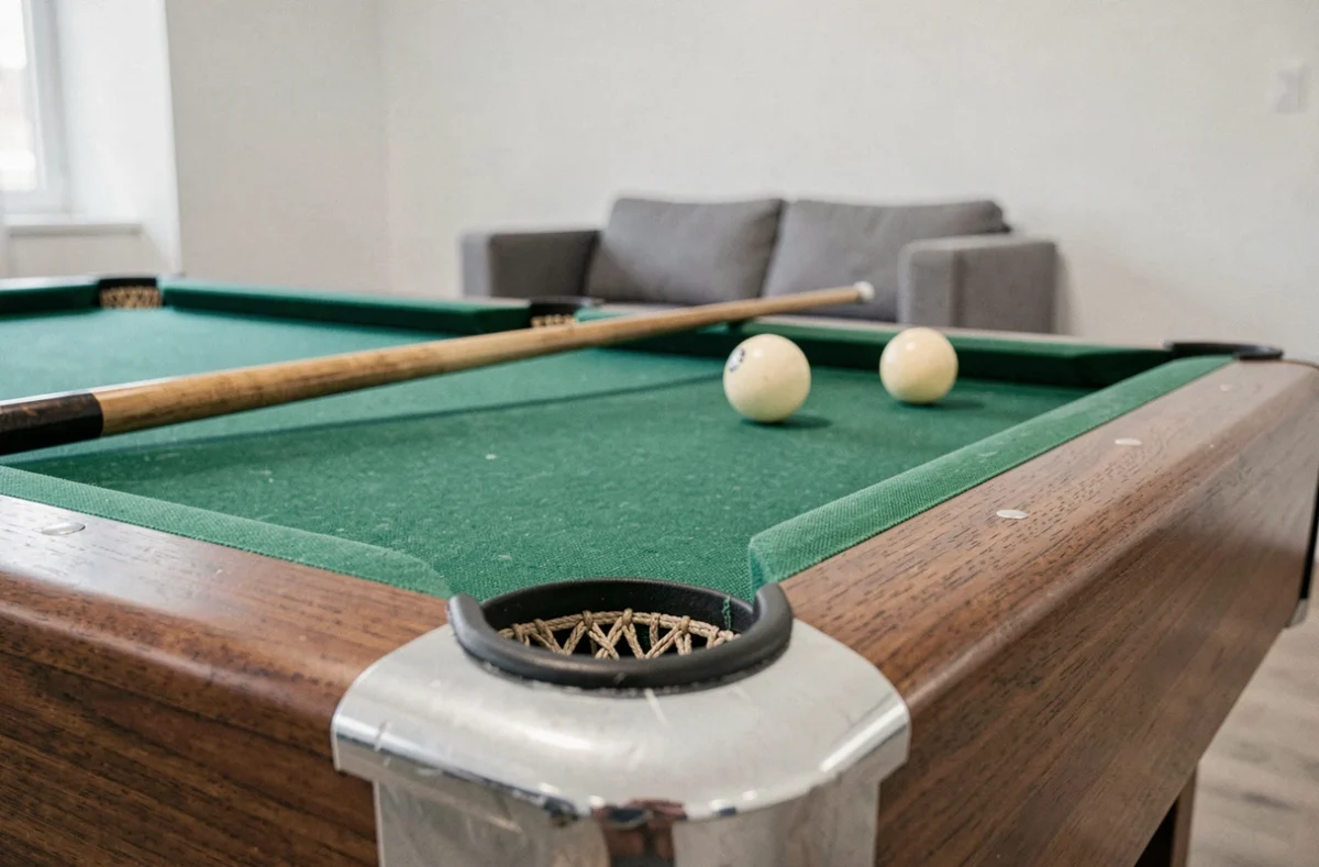 Gros plan sur la poche d'un billard américain dans un appartement moderne avec queue de billard posée sur le tapis vert