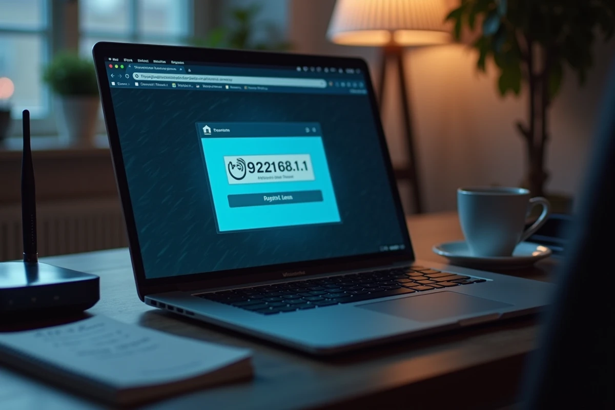 Écran d'ordinateur affichant la page de connexion du routeur à l'adresse IP 192.168.1.1 avec un bloc-notes et un routeur posés sur un bureau