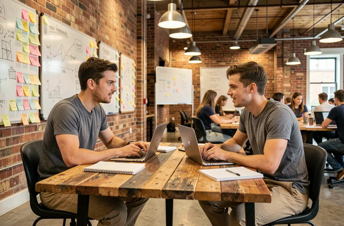 Deux jeunes entrepreneurs en pleine session de brainstorming dans un espace de co-working collaboratif