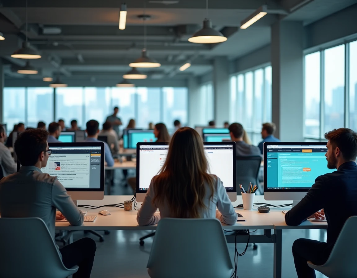 Équipe de professionnels confrontée à des erreurs de plateforme dans un open space moderne