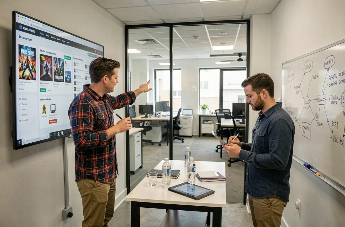 Deux professionnels tech analysant ensemble une page sitemap sur un écran mural interactif