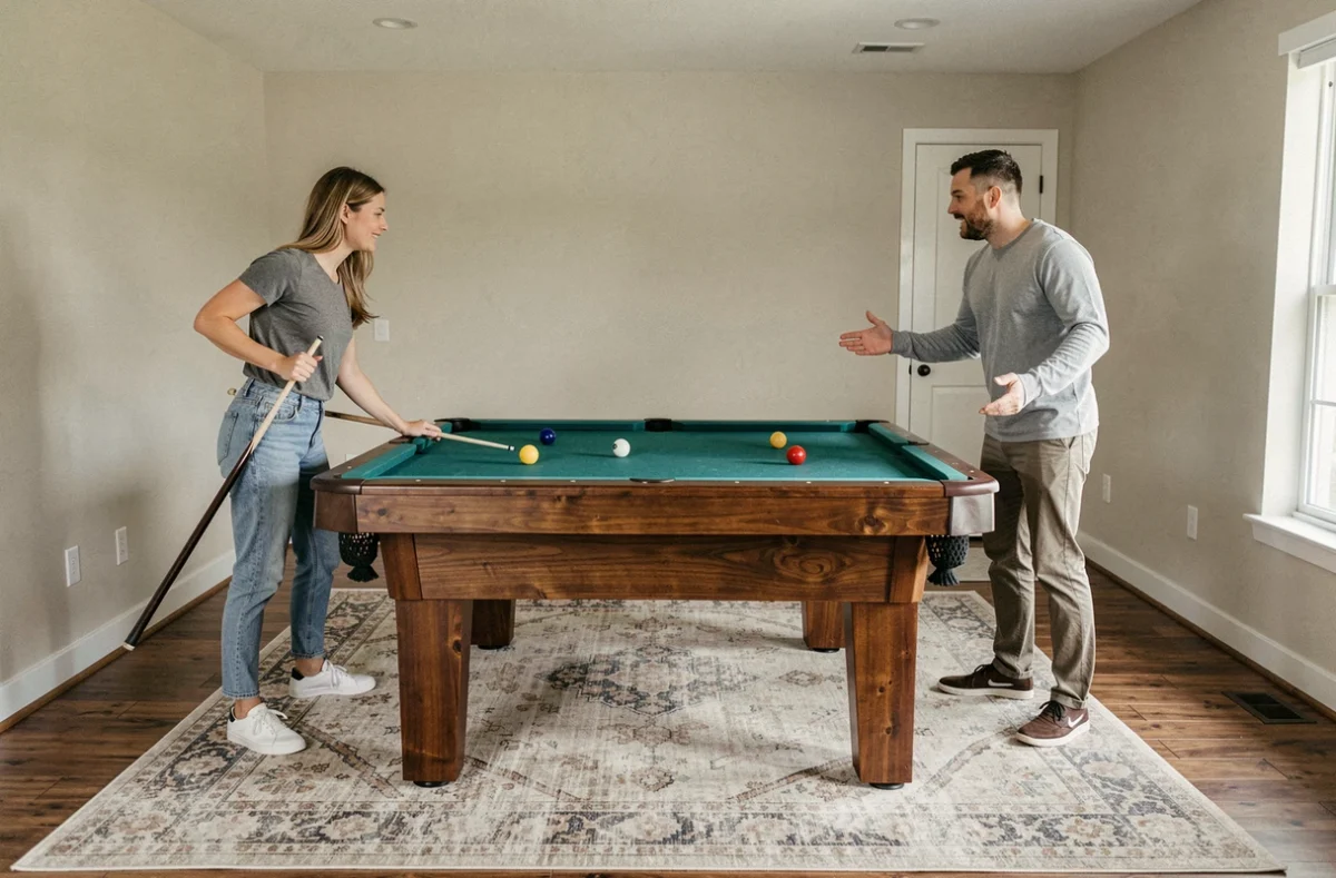 Couple évaluant l'espace nécessaire autour d'un billard américain dans un salon en open space