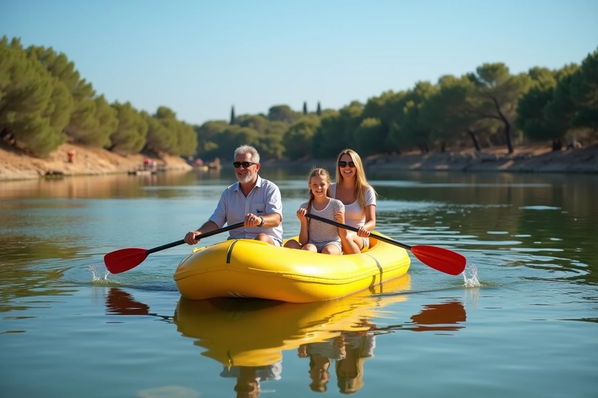 Famille faisant du pédalo sur un lac calme aux abords de Montpellier entourée de végétation méditerranéenne