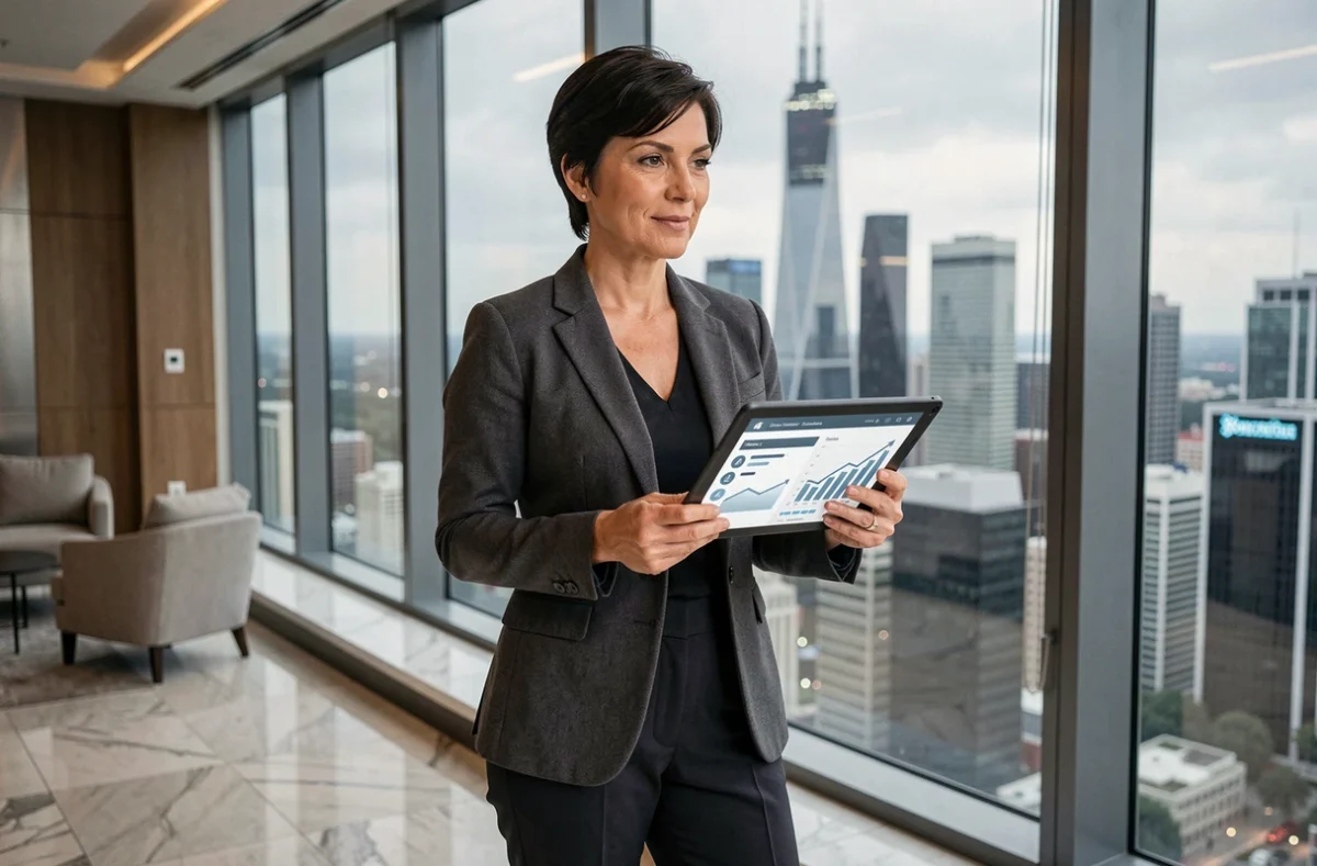 Femme d'affaires confiante tenant une tablette devant une vue panoramique sur une ville dynamique