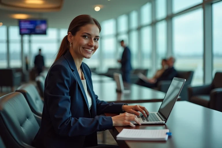 Femme d'affaires souriante dans un lounge aéroport