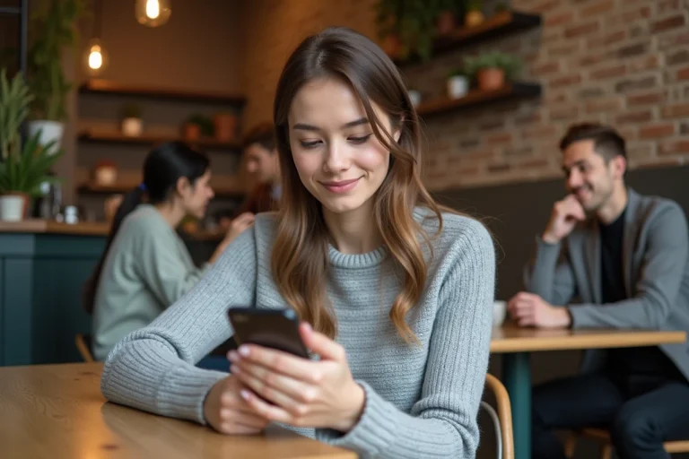 Jeune femme consultant l'application bancaire N26 sur smartphone dans un café contemporain
