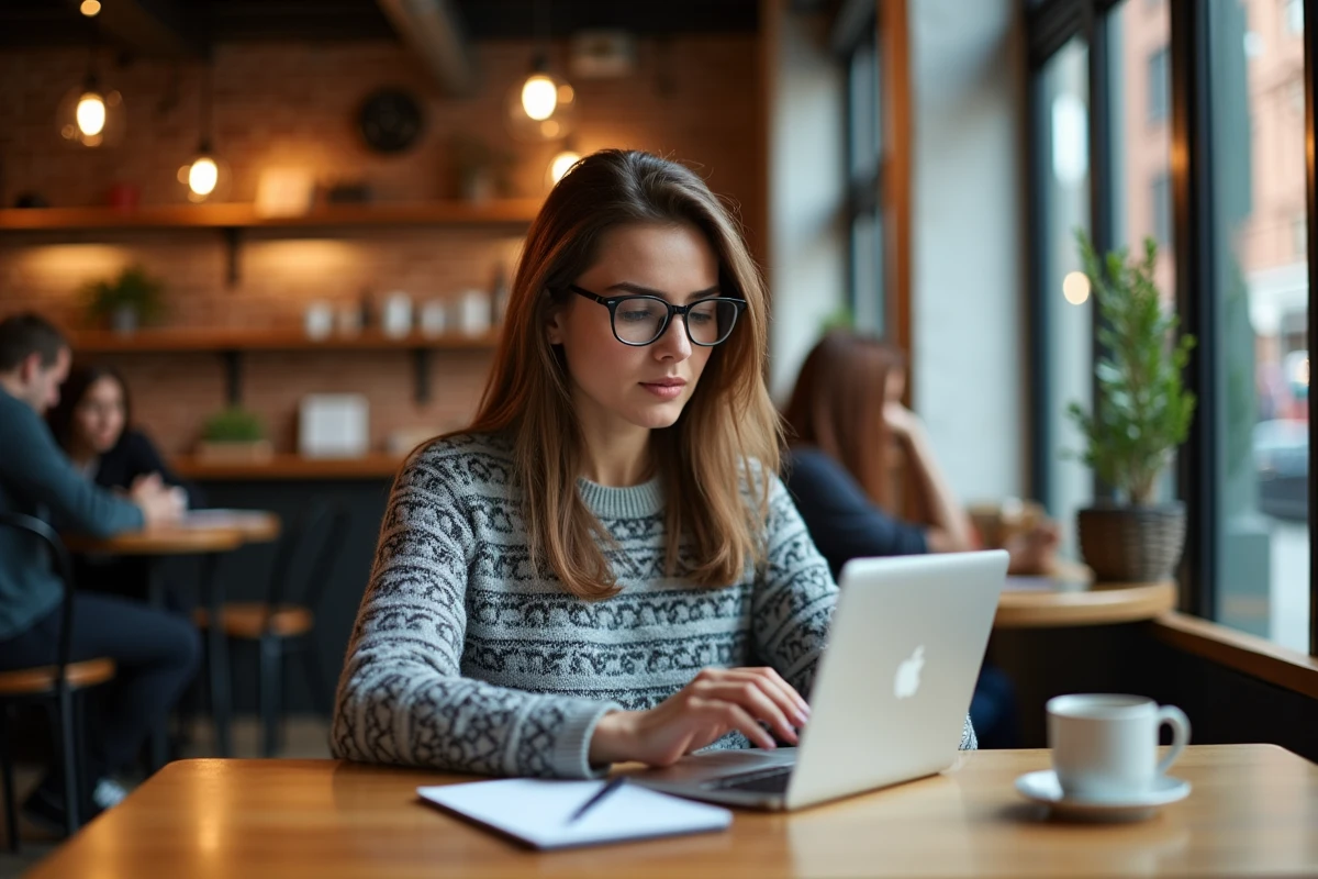 Jeune femme avec tablette dans un café urbain moderne
