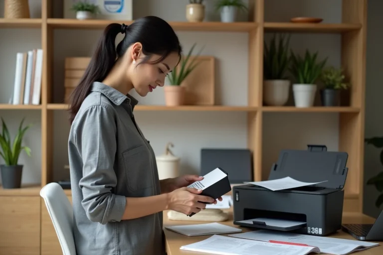 Femme examinant une cartouche compatible devant une imprimante à domicile pour choisir la meilleure option