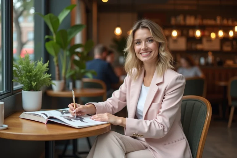 Femme élégante en blazer pastel dans un café cosy