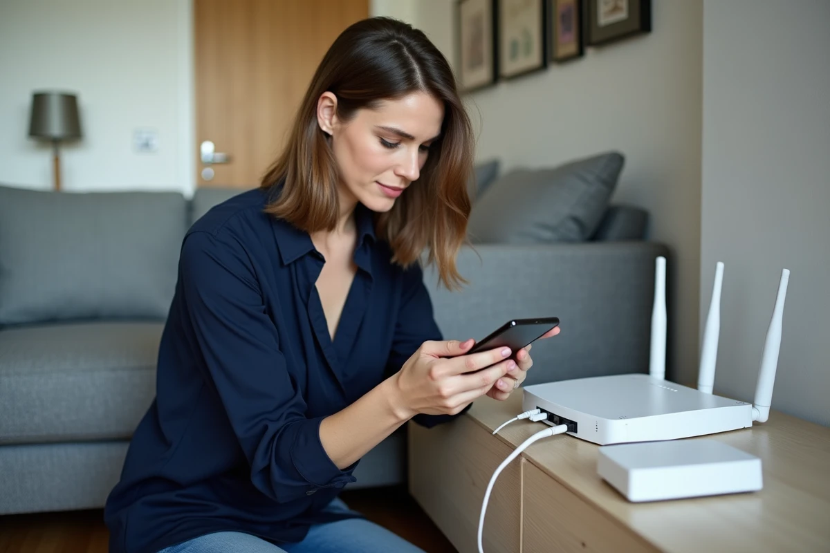 Femme branchant un câble ethernet sur un routeur Wi-Fi pour configurer les paramètres réseau local à domicile