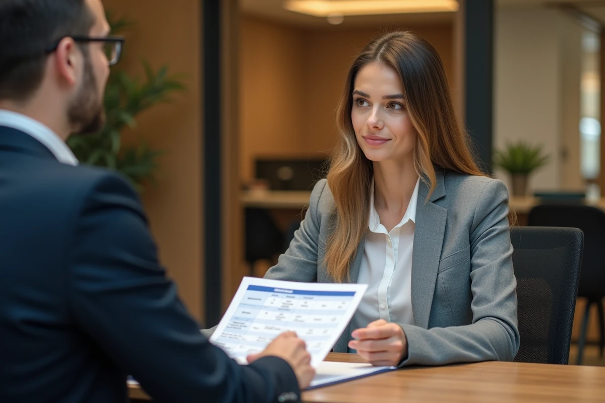Jeune femme discutant de prêt avec conseiller bancaire dans banque