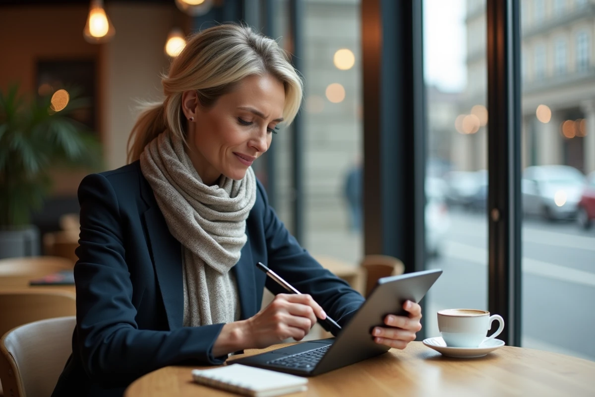 Femme entrepreneure analysant des données sur une tablette dans un café