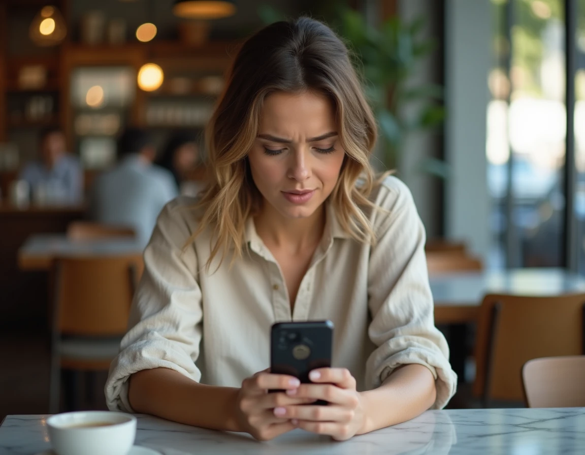 Femme consultant son smartphone avec une erreur d'application dans un café urbain