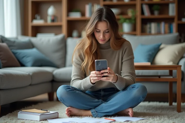 Femme concentrée étudiant avec smartphone dans un salon moderne