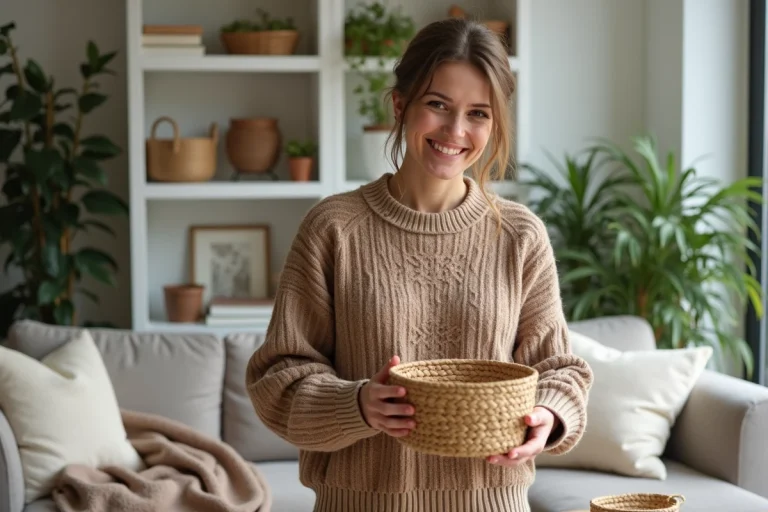Femme en pull cosy organiseant paniers dans un salon moderne