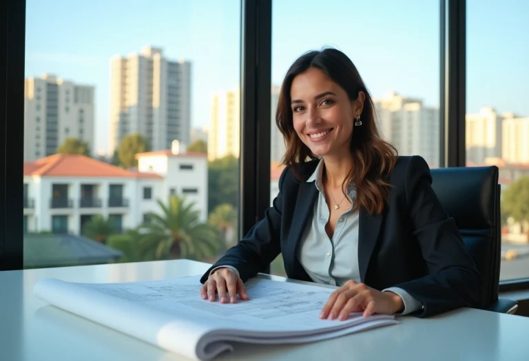 Femme marocaine confiante regardant des plans dans un bureau à Casablanca