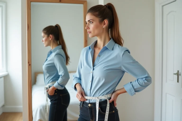 Femme mesurant son tour de taille avec un mètre ruban devant un miroir pour choisir la bonne taille sur Zalando