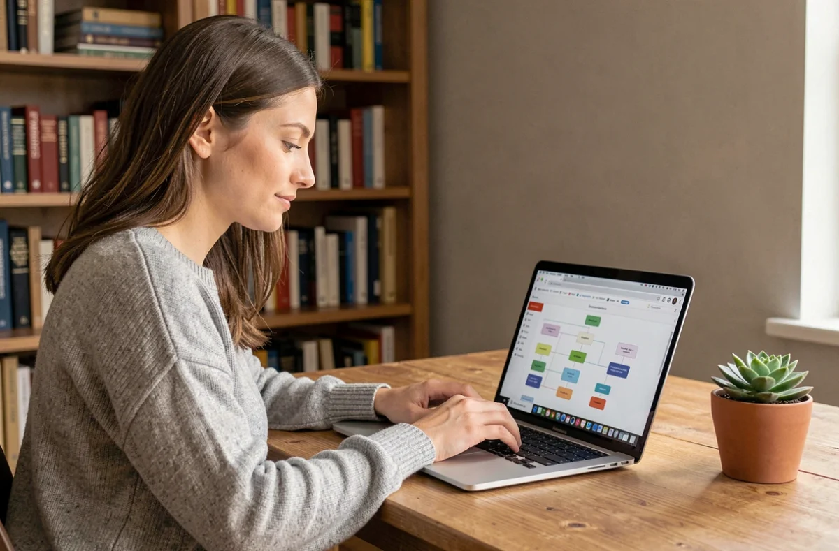 Femme naviguant facilement sur un blog grâce à un plan du site structuré affiché sur son ordinateur portable