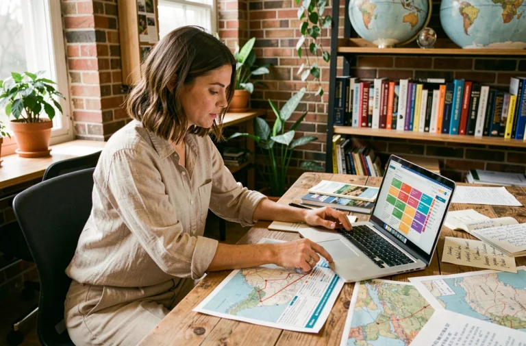 Femme consultant un plan de site de voyage solidaire sur ordinateur portable avec des cartes et notes de voyage sur un bureau en bois