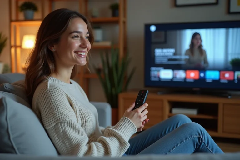 Jeune femme souriante regardant la télévision dans un salon moderne