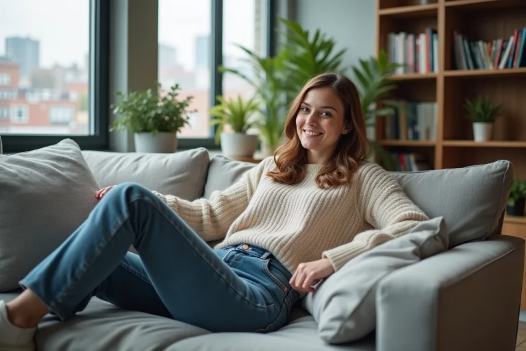 Femme souriante dans son appartement moderne et cosy