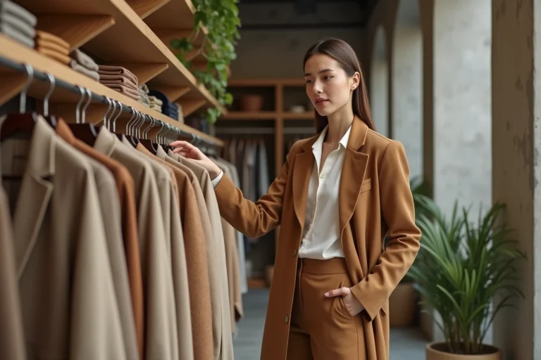 Femme élégante en manteau camel parcourant des vêtements tendance dans une boutique de mode minimaliste aux murs en béton