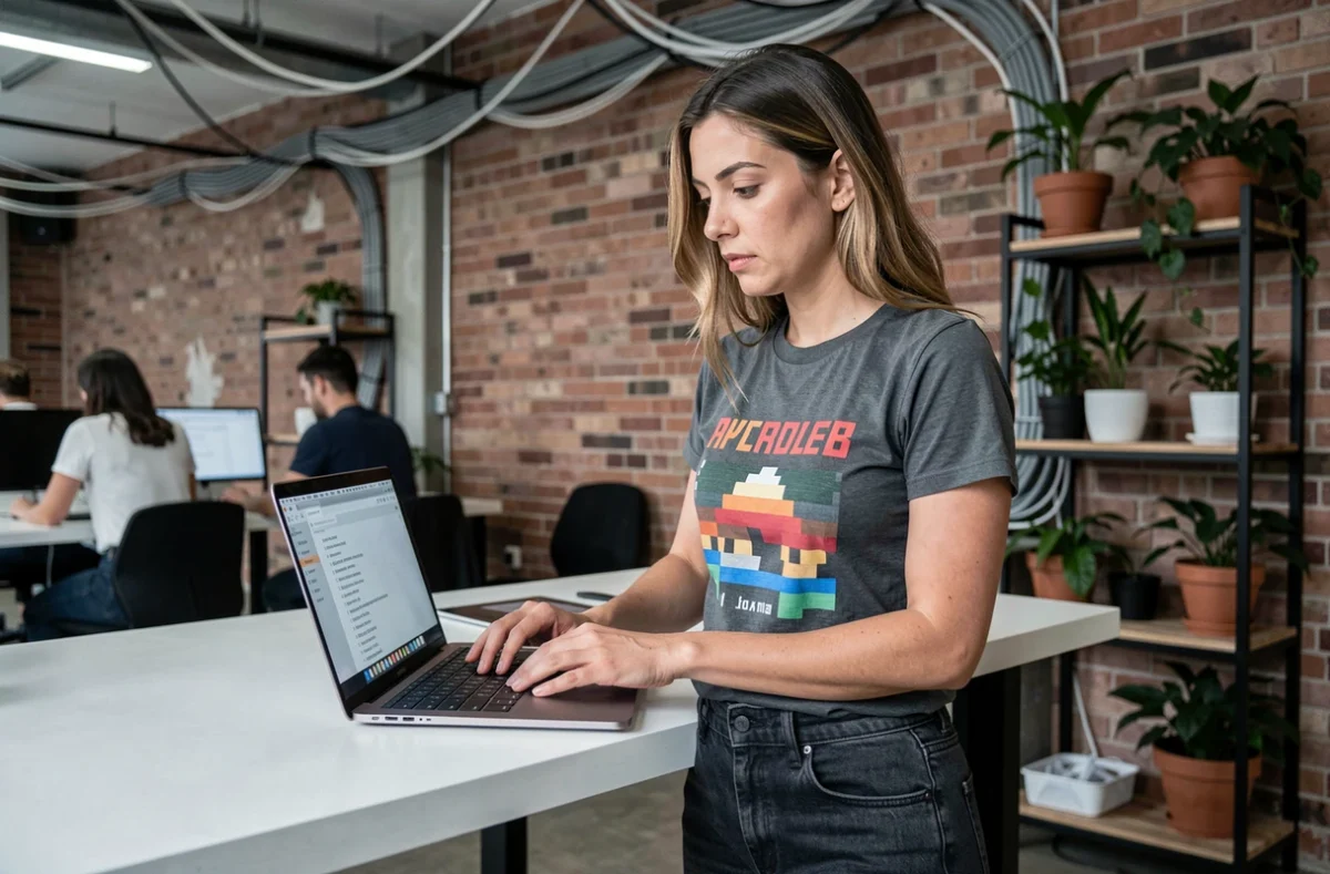 Femme explorant une page sitemap sur un laptop dans un espace de co-working moderne
