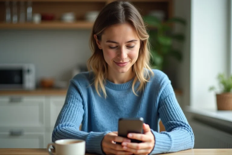 Jeune femme utilisant un smartphone Android dans la cuisine