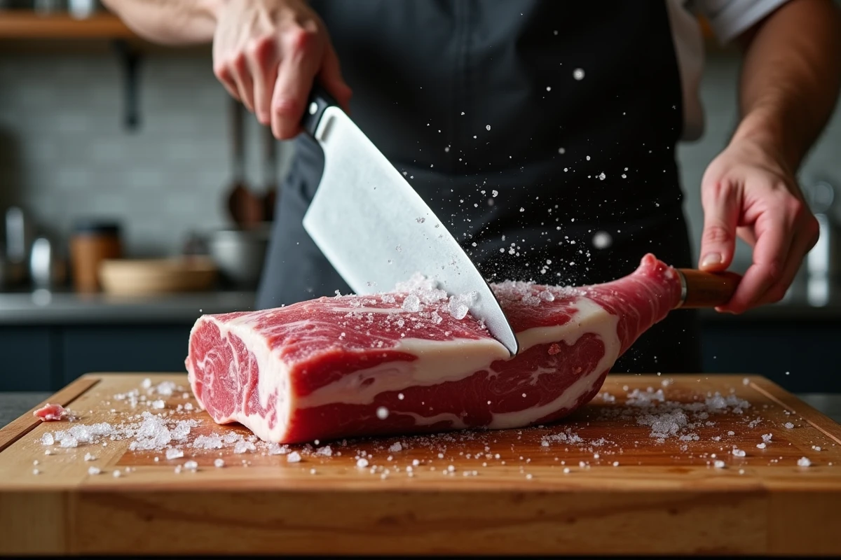 Fendoir de boucher lourd frappant une pièce de viande congelée sur une épaisse planche de boucher
