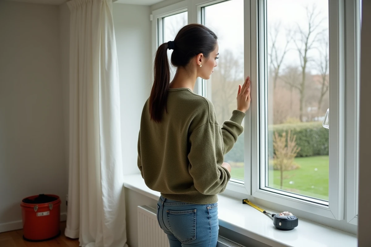 Femme inspectant une fenêtre à double vitrage nouvellement installée dans un salon rénové pour améliorer l'isolation phonique et thermique