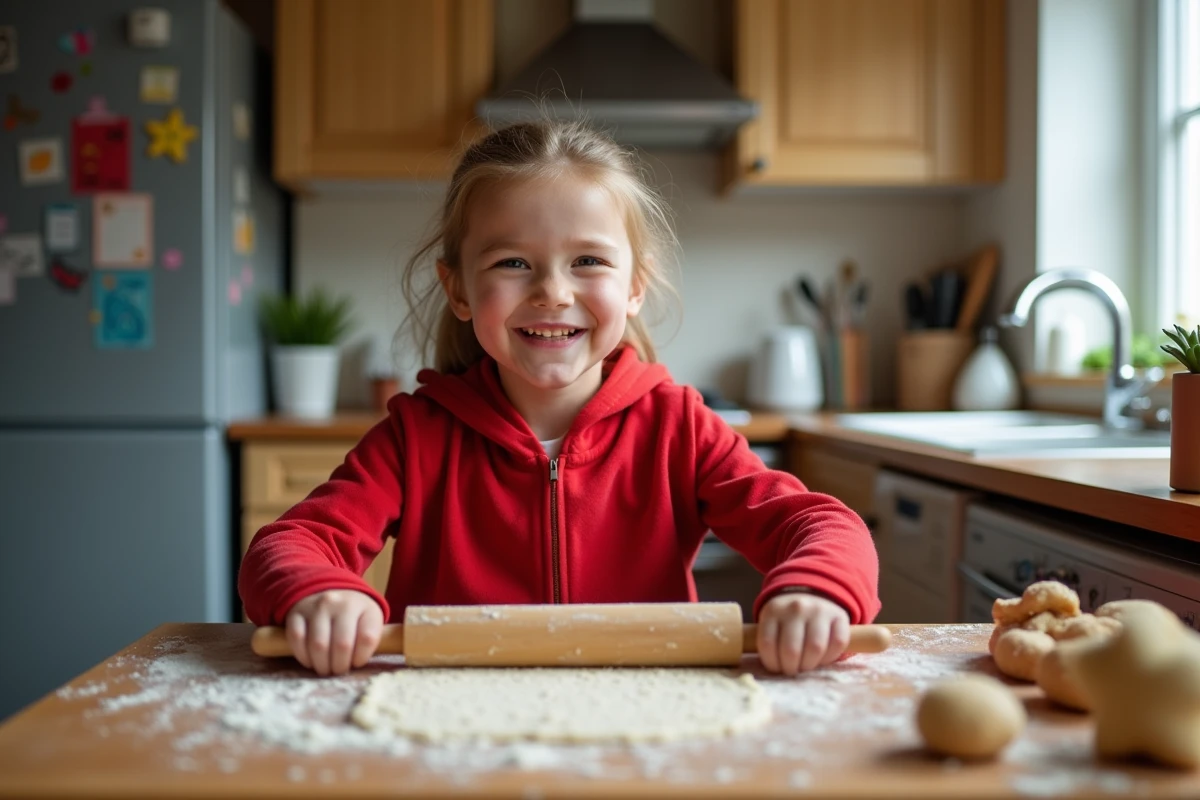 Fille de 10 ans roulant la pâte à cookies à la cuisine