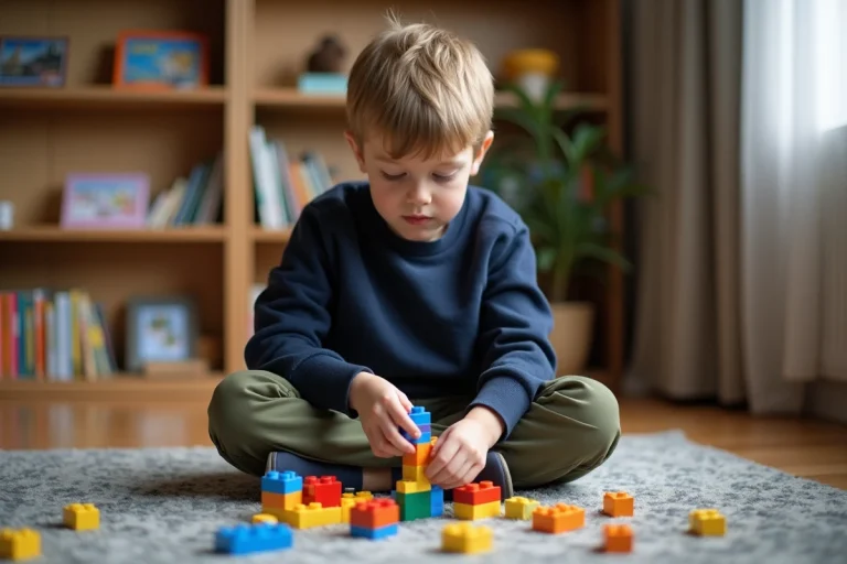 Garçon de 10 ans construisant un Lego coloré dans le salon