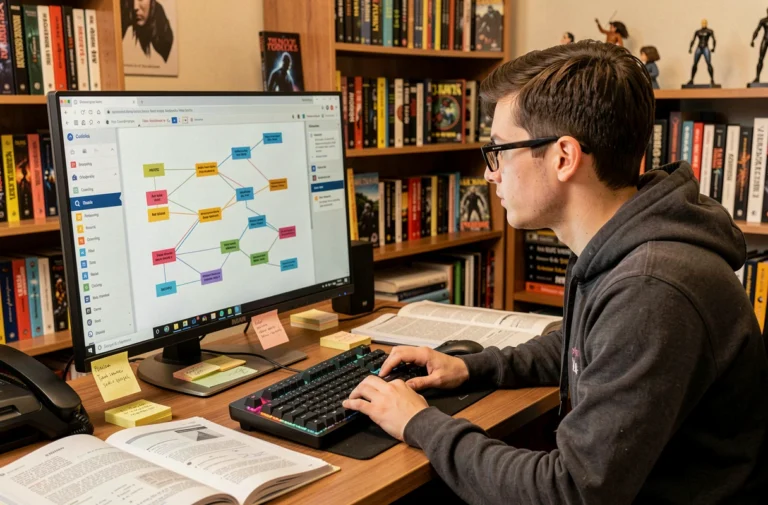 Jeune homme geek consultant une page sitemap sur un grand écran dans un bureau à domicile