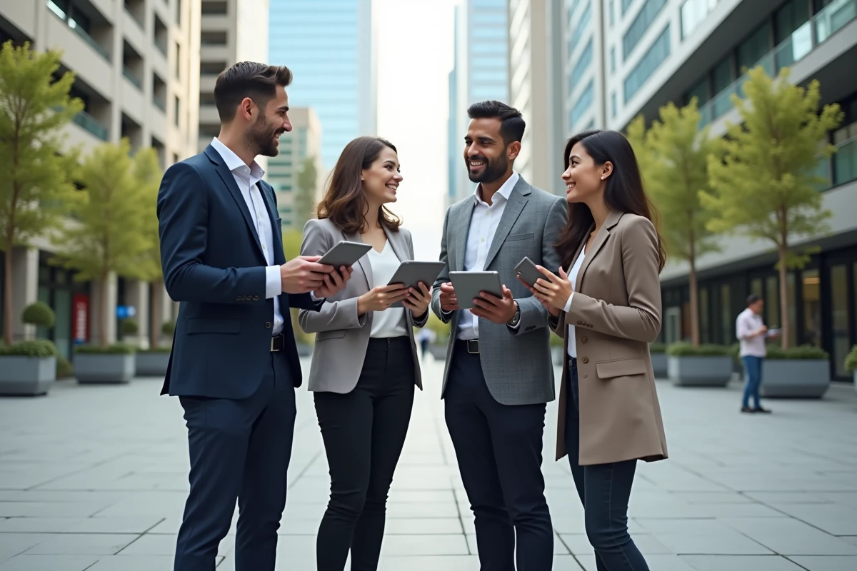 Groupe de professionnels discutant en extérieur