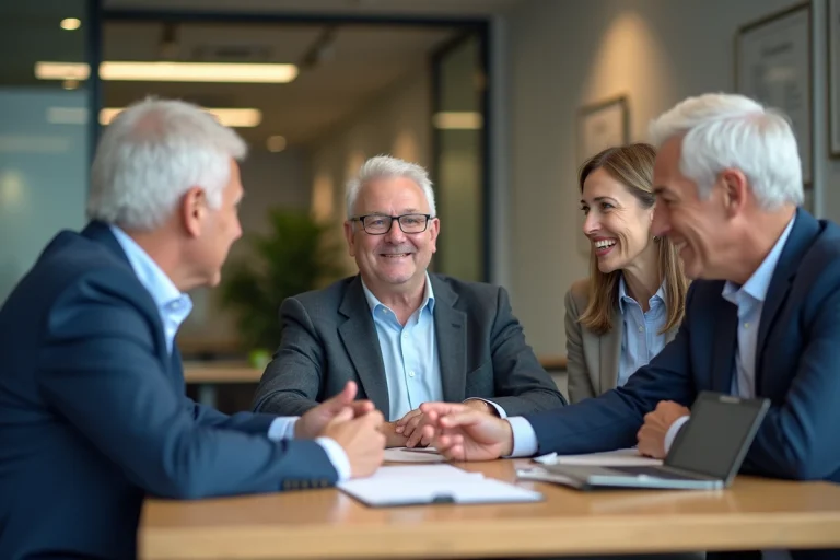 Groupe de seniors en réunion dans un bureau moderne