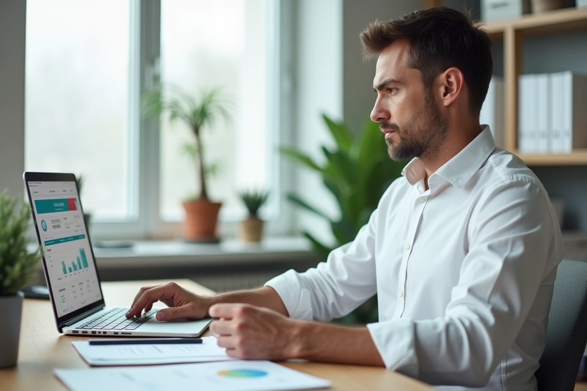Homme analysant les avantages d'une banque en ligne N26 sur ordinateur dans un bureau minimaliste
