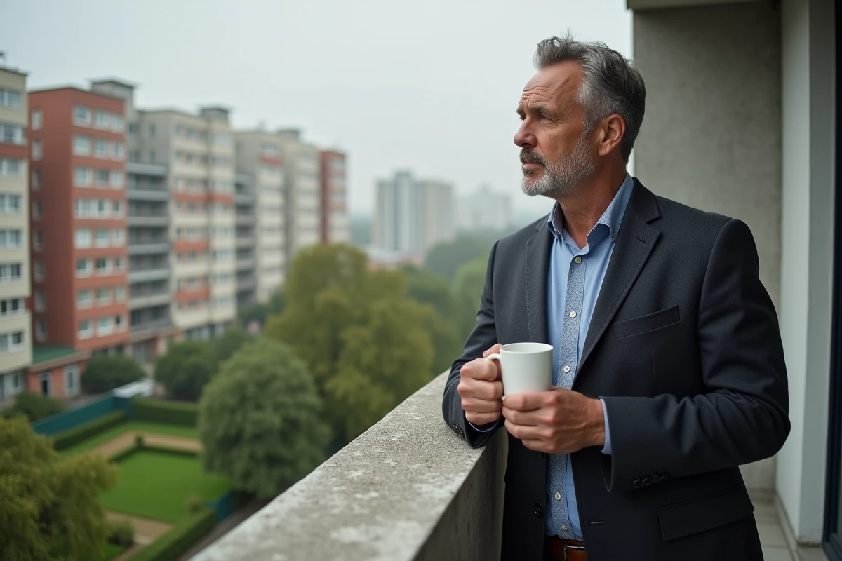 Homme regardant la ville depuis un balcon en ville
