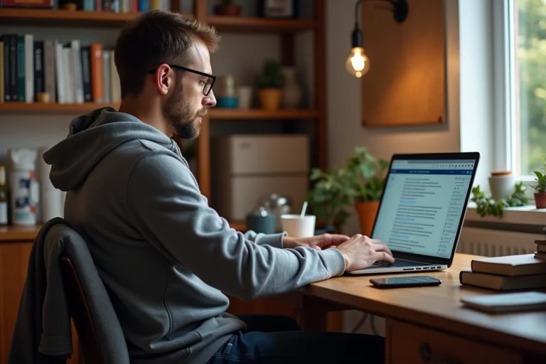 Homme en hoodie travaillant sur son ordinateur dans un bureau cosy